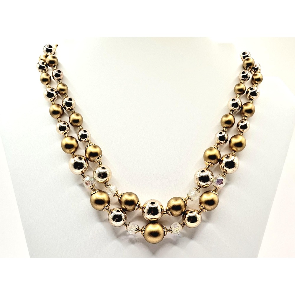 Vintage Japan Golden Ball Bead Necklace Two Strand Vitrail Beads Festive Jewelry